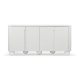 Comodă Circula cu patru uși, albă, rotunjită, picioare sferice
