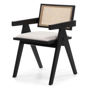 Scaun Frida din lemn cu material țesut vienez, ratan, negru/bej deschis
