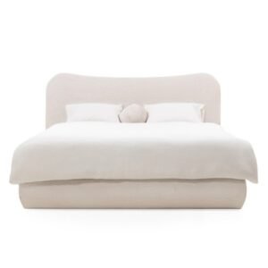 Pat tapițat Derry 160x200 cm, cu cadru și spațiu de depozitare, rotunjit, bej