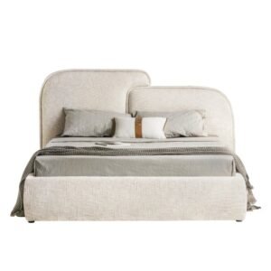 Pat tapițat Nestia 160x200 cm, cu cadru și spațiu de depozitare, bej deschis, rotunjit