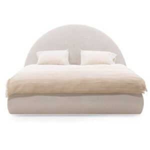 Pat tapițat Orbi 160x200 cm, cu cadru și spațiu de depozitare, rotunjit, bej