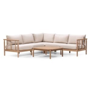 Canapea de colț de grădină Mortlake cu masă, lemn de eucalipt FSC, aspect de tec, bej deschis, forme rotunjite