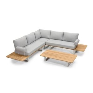 Canapea de colț de grădină San Piero cu masă, lemn de tec FSC, gri/natural