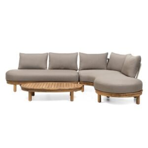 Canapea de colț de grădină Summerland cu masă, lemn de salcâm, aspect tec, gri-maro, forme rotunjite