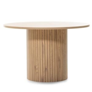 Masă de dining Remigio 120 cm, rotundă cu șipci, stejar