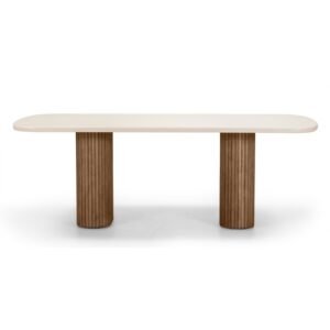 Masă de grădină Rovigo 220 cm cu blat din piatră, lemn de salcâm închis/bej deschis, forme rotunjite, lamele