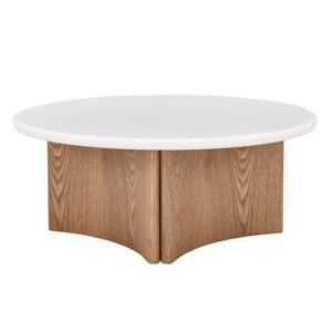 Masă de cafea Marlo 80 cm, Alb crem/Stejar, Microciment